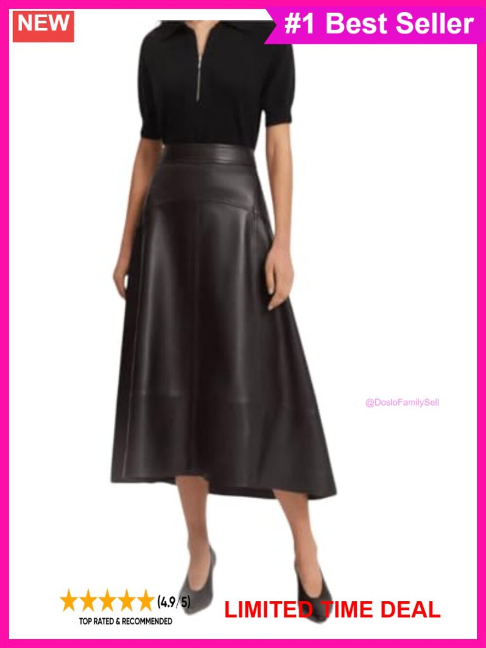 Genuine Leather A-Line High Waist Midi Skirt Patchwork Flared Hemline